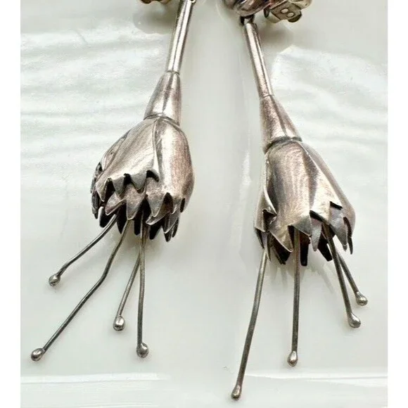 Antonio Pineda Taxco Mexico 970 Silver Flower floral Drop Clip Earrings